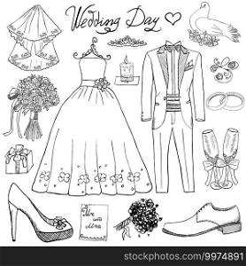 Wedding day elements. Hand drawn set with flowers candle bride dress and tuxedo suit, shoes, glasses for ch&aign and festive attributes. Drawing doodle collection, isolated on white background
