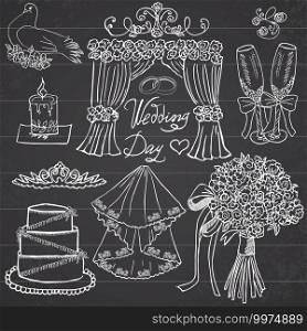 Wedding day elements. Hand drawn set with flowers, candle, glasses for ch&aign and festive attributes. Drawing doodle collection, on chalkboard background.. Wedding day elements. Hand drawn set with flowers, candle, glasses for ch&aign and festive attributes. Drawing doodle collection, on chalkboard background