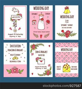 Wedding day invitations. Various cards for wedding day invitation. Vector invitation wedding card illustration. Wedding day invitations. Various cards for wedding day invitation