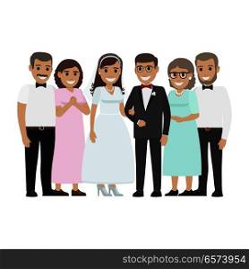 Wedding day web banner of newlyweds couple and their parents. Beautiful young newly-married groom and bride with mother and father. Love people and wedding. Engagement ceremony vector illustration. Wedding Family Together. Newlyweds Couple Design