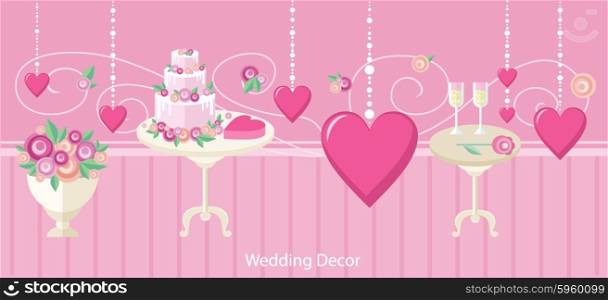 Wedding decor fashion interior. Wedding decoration, wedding table, wedding flowers, wedding design, interior and reception, fashion elegant, event and decoration illustration banner