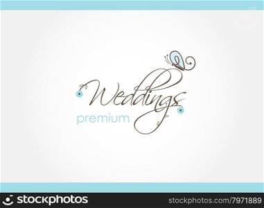 Wedding decoration logo design, elegant vintage style logo template. Wedding logo with butterfly and flowers
