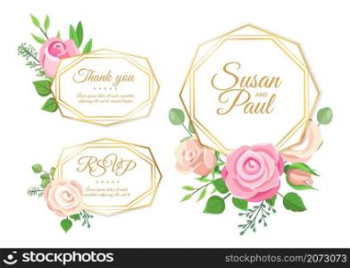 Wedding decorations. Marriage invitation elements, roses leaves wreath. Save the date gold frames with floral decor vector set. Illustration marriage wedding decoration, invitation card design. Wedding decorations. Marriage invitation elements, roses leaves wreath. Save the date gold frames with floral decor vector set