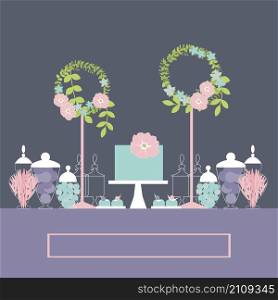 Wedding dessert bar with cake and flowers. Sweet table. Candy Buffet. Vector illustration.. Wedding dessert bar with cake.