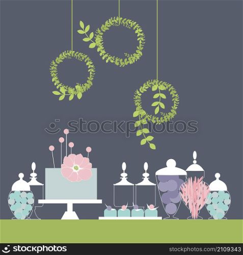 Wedding dessert bar with cake. Sweet table. Candy Buffet. Vector illustration.. Wedding dessert bar with cake.