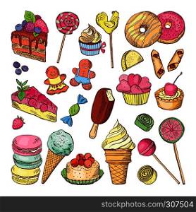 Wedding desserts, sweets cupcakes and ice cream in hand drawn style. Coloring doodle vector collection. Ice cream and collection of colored cake to birthday illustration. Wedding desserts, sweets cupcakes and ice cream in hand drawn style. Coloring doodle vector collection