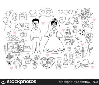 Wedding doodle set. Newlyweds, bride in wedding dress and groom, gifts and wedding rings, gender signs, wedding cake, brides bouquet, heart, rose glasses and ch&agne. Isolated vector linear drawings