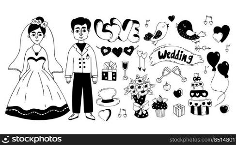 Wedding doodle set. Newlyweds, bride in wedding dress and groom, wedding cake, brides bouquet, heart, birds in love, arrows of love, balloons and gifts. Isolated vector linear hand drawings