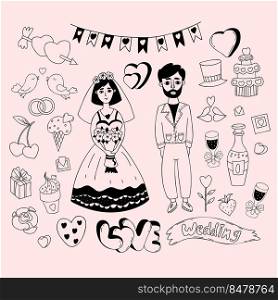 wedding doodles. Newlyweds, bride in wedding dress with veil and stylish groom, gifts and wedding rings, cupids arrow, wedding cake, heart and couple of birds. Isolated vector linear hand drawings