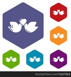 Wedding doves heart icons vector colorful hexahedron set collection isolated on white. Wedding doves heart icons vector hexahedron