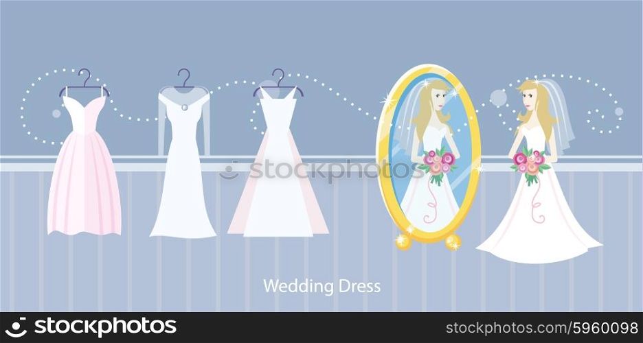 Wedding dress design flat style. Bride fashion, celebration and shower, fabric and holiday, boutique and marriage, glamour woman, corset wear, luxury bouquet, princess illustration banner