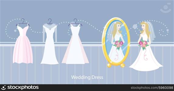 Wedding dress design flat style. Bride fashion, celebration and shower, fabric and holiday, boutique and marriage, glamour woman, corset wear, luxury bouquet, princess illustration banner