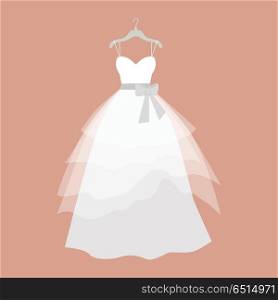 Wedding dress vector. Flat design. Elegant white dress with veiling and bow for bride hanging on hanger. Preparing to marriage ceremony. For wedding clothes shop, holiday planning companies ad. Wedding Dress Vector Illustration in Flat Design . Wedding Dress Vector Illustration in Flat Design