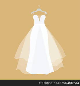 Wedding Dress Vector Illustration in Flat Design. Wedding dress vector. Flat design. Elegant white dress for bride hanging on hanger. Preparing to marriage ceremony. For wedding clothes shop, holiday planning companies ad