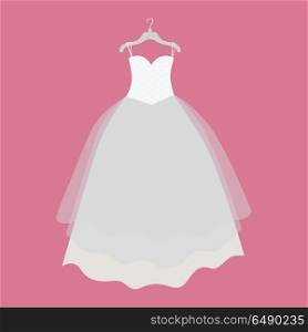 Wedding Dress Vector Illustration in Flat Design. Wedding dress vector. Flat design. Elegant white dress for bride hanging on hanger. Preparing to marriage ceremony. For wedding clothes shop, holiday planning companies ad