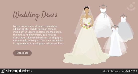 Wedding Dress Web Banner. Fashionable Bride Vector. Wedding dress web banner. Fashionable bride shop poster. Celebration and shower, fabric and holiday, boutique and marriage, glamour woman, corset wear, luxury bouquet, princess. Bride dress. Vector