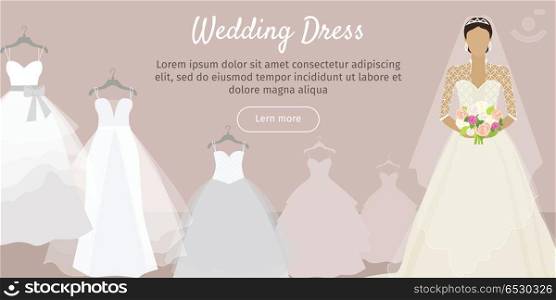 Wedding Dress Web Banner. Fashionable Bride Vector. Wedding dress web banner. Fashionable bride shop poster. Celebration and shower, fabric and holiday, boutique and marriage, glamour woman, corset wear, luxury bouquet, princess. Bride dress. Vector
