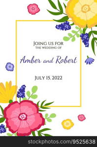 Wedding elegant vector floral invitation template card. Garden flowers with leaves on white background.