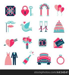 Wedding Flat Icons Set. Flat icons set of different wedding elements from wedding car to doves and hearts isolated vector illustration