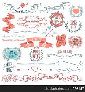 Wedding floral decoration elements vector collection with hand drawn wreath frames, banners and monograms. Illustration of wedding decoration design. Wedding floral decoration elements vector collection with hand drawn wreath frames, banners and monograms