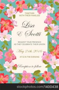 Wedding floral invitation with colorful spring flowers. Vector illustration. . Wedding floral invitation with colorful spring flowers.