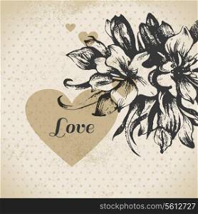 Wedding floral love card. Vintage invitation with hand drawn sketch flowers