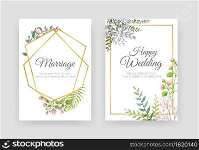 Wedding floral posters. Elegant invitation cards. Golden geometric frames and decorative natural elements. Greeting postcards with copy space and calligraphy lettering font, vector marriage banner set. Wedding floral posters. Elegant invitation cards. Geometric frames and decorative natural elements. Greeting postcards with copy space and calligraphy lettering, vector marriage banner set