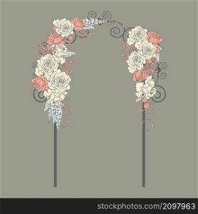 Wedding flower arch with roses and ribbons on gray background. Vector illustration.