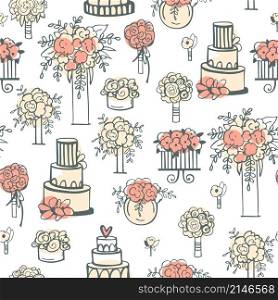 Wedding flowers and cakes.Vector seamless pattern