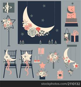 Wedding flowers, cake, decoration for chairs, bridal bouquet. Space theme with moon and stars. Vector illustration.. Wedding flowers, cake, decoration for chairs, bridal bouquet