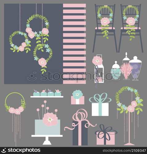 Wedding flowers, cake, decoration for chairs, bridal bouquet. Vector illustration.. Wedding flowers, cake, decoration for chairs, bridal bouquet