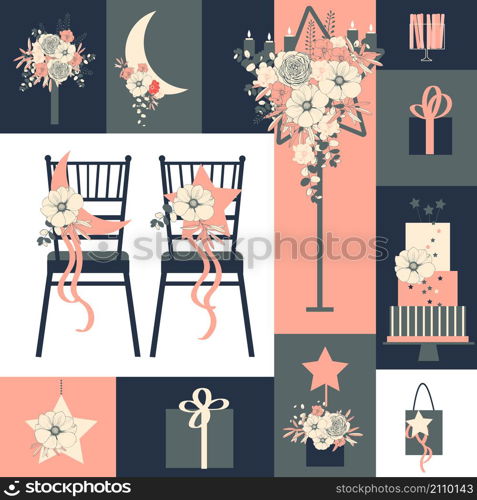 Wedding flowers, cake, decoration for chairs, bridal bouquet. Vector illustration.. Wedding flowers, cake, decoration for chairs, bridal bouquet