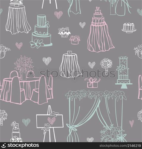 Wedding flowers, cake, decoration for chairs, bridal bouquet. Vector seamless pattern.. Wedding flowers, cake, decoration for chairs, bridal bouquet