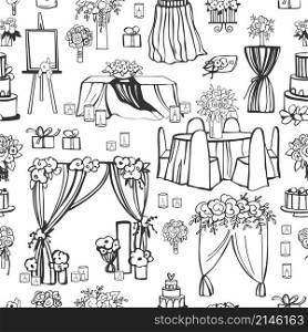 Wedding flowers, cake, decoration for tables, bridal bouquet. Vector seamless pattern.. Wedding set. Flowers, cake, decoration for tables, bridal bouquet. Vector sketch illustration.