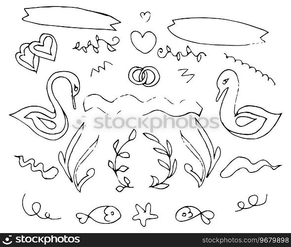 Wedding graphic set, hearts, wreaths, ribbons and labels. Vector illustration in a hand drawn style. Doodles outline usable for invitation, greeting card, wrapping. . Wedding graphic set of hearts, wreaths, ribbons