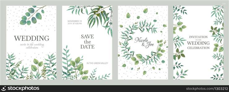 Wedding greenery posters. Elegant floral frames, rustic vintage borders of branches and leaves. Vector trendy elegance fashion invitation cards with minimalistic designs on white background. Wedding greenery posters. Elegant floral frames, rustic vintage borders of branches and leaves. Vector trendy fashion invitation cards