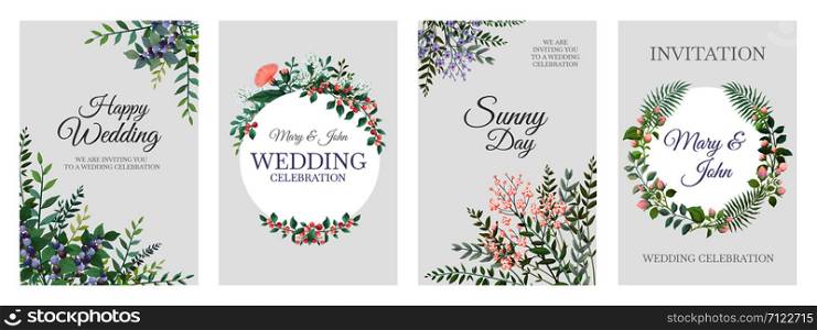 Wedding greenery posters. Green floral frame cards, trendy plants wreath and borders, vintage rustic elements. Vector illustration minimalistic bohemian cards for invitation template. Wedding greenery posters. Green floral frame cards, trendy plants wreath and borders, vintage rustic elements. Vector bohemian cards