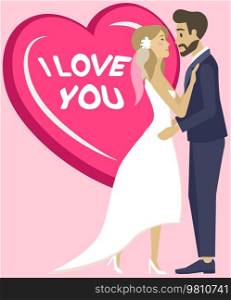 Wedding greeting card template, vector illustration. Happy newlywed hugging couple, bride and groom. Cheerful poster with marriage wife and husband, text i love you. Wedding ceremony romantic"e. Wedding greeting card template, vector illustration. Happy newlywed hugging couple, bride and groom