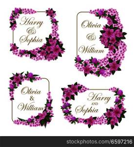 Wedding greeting cards of lilac or violet flowers for engagement party invitation. Vector Save the Date design of bride and bridegroom names in frame of hibiscus rose or crocuses flourish bouquets. Vector wedding invitation cards of flowers