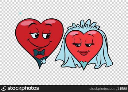 Wedding groom and bride, Valentine heart. Pop art retro illustration. Valentin day, holiday, wedding love and romance. Transparent background