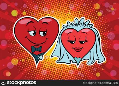 Wedding groom and bride, Valentine heart. Pop art retro illustration. Valentin day, holiday, wedding love and romance