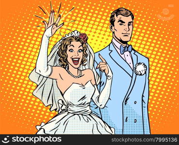 Wedding groom and happy bride pop art retro style. A woman and a gold wedding ring. Love and relationships men and women. Wedding groom and happy bride