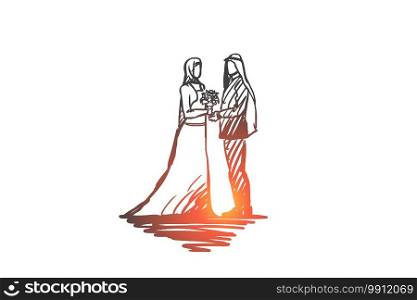 Wedding, groom, bride, couple, muslim concept. Hand drawn muslim wedding, groom and bride concept sketch. Isolated vector illustration. Wedding, groom, bride, couple, muslim concept. Hand drawn isolated vector