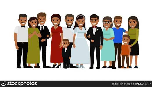 Wedding guests group portrait. Smiling newlyweds with closest relatives and best friends standing together flat vector isolated on white. Happy family illustration for marriage celebrating concepts. Wedding Guests Group Portrait Flat Vector Concept