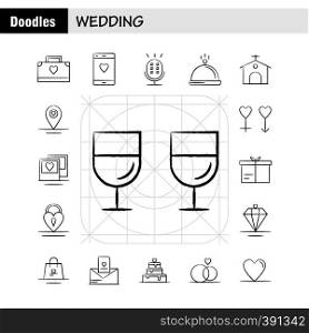 Wedding Hand Drawn Icons Set For Infographics, Mobile UX/UI Kit And Print Design. Include: Bag, Hand Bag, Love, Mobile, Cell, Love, Mic, Icon Set - Vector