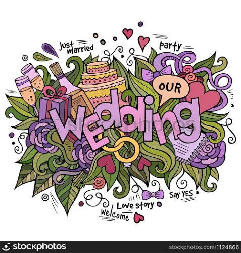 Wedding hand lettering and doodles elements background. Vector illustration. Wedding hand lettering and doodles elements background