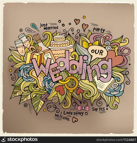 Wedding hand lettering and doodles elements background. Vector illustration. Wedding hand lettering and doodles elements background