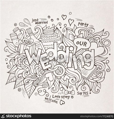 Wedding hand lettering and doodles elements sketch. Vector illustration. Wedding hand lettering and doodles elements sketch.