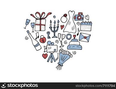 Wedding heart composition. Holiday elements in doodle style isolated on white background. Vector conceptual illustration.