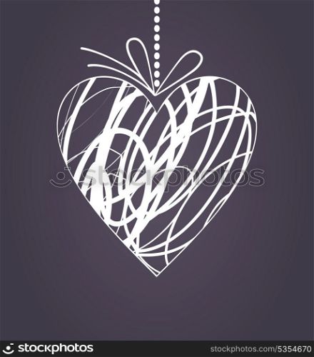 Wedding heart2. White heart on a cord with a bow. A vector illustration